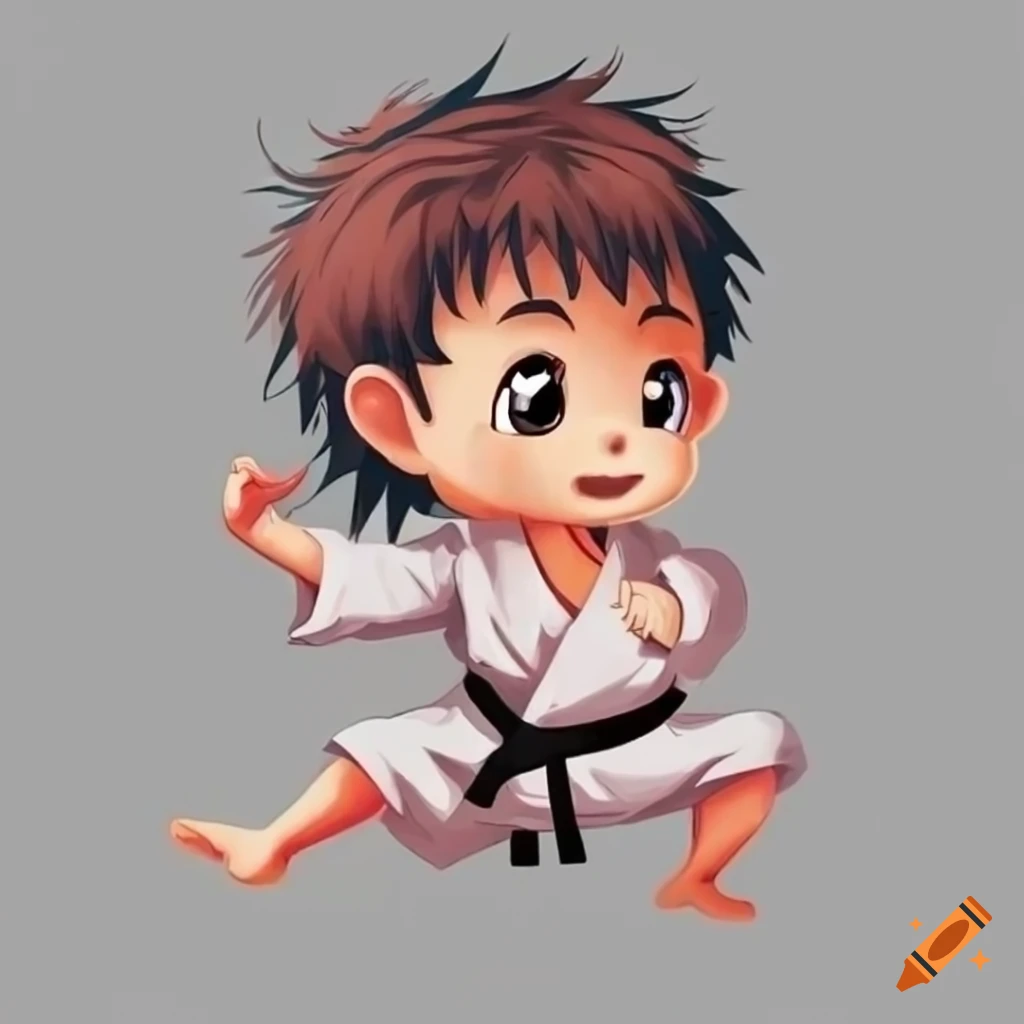 Cartoon Japanese boy practicing karate