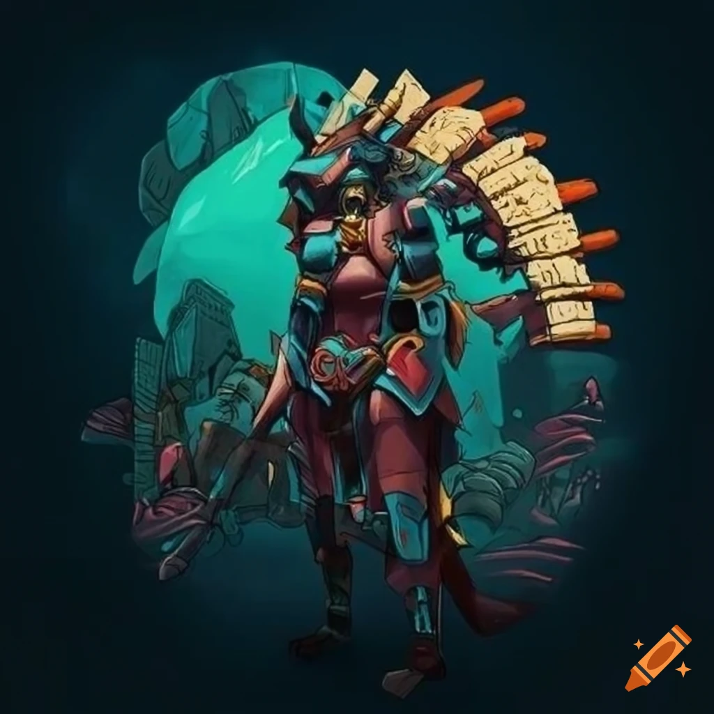 Minimalism Aztec Shark Priestess Mecha inspired by Ukiyo-e