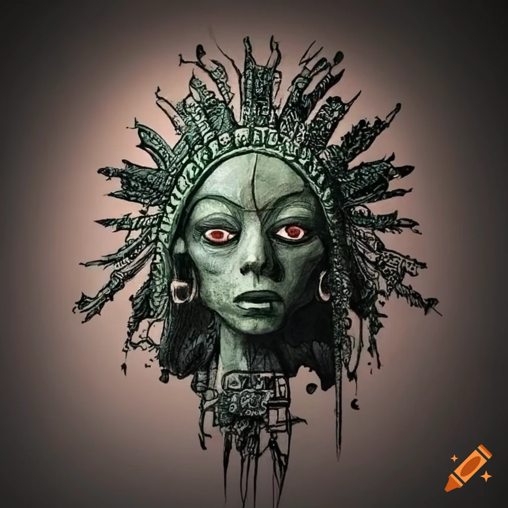 Minimalist Ink Aztec Dryad with Brutalist Influences