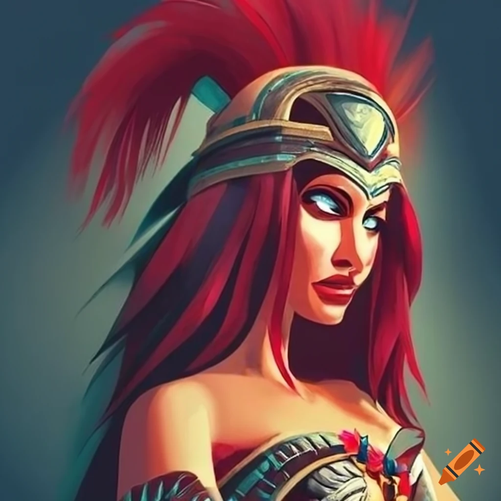 Aztec gladiator witch in Disney style with Bauhaus influences