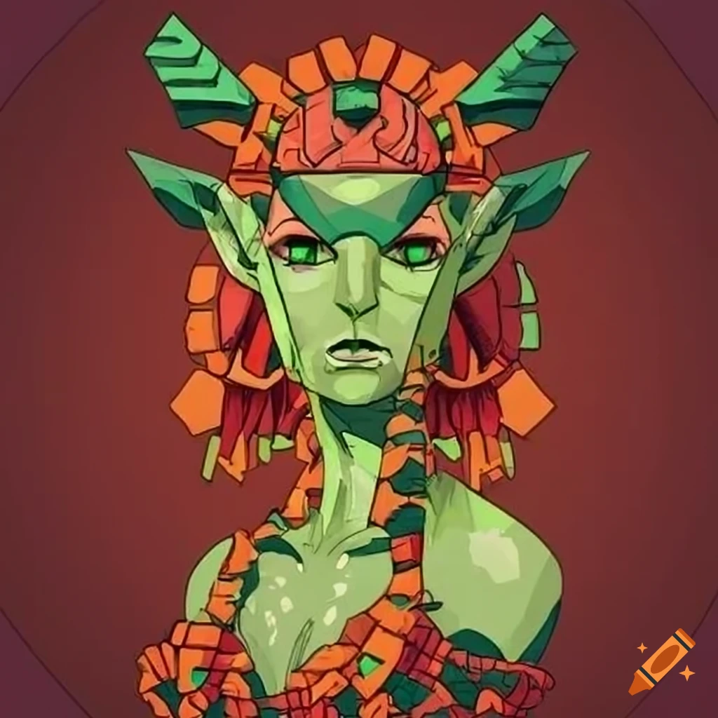 Geometric Aztec Dryad with Minimalist Comic Style
