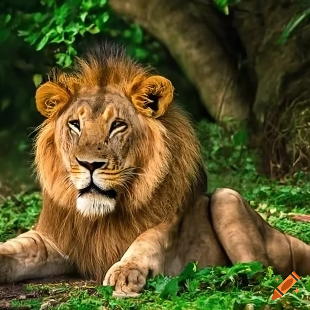 Majestic lion napping under a tree in a vibrant jungle