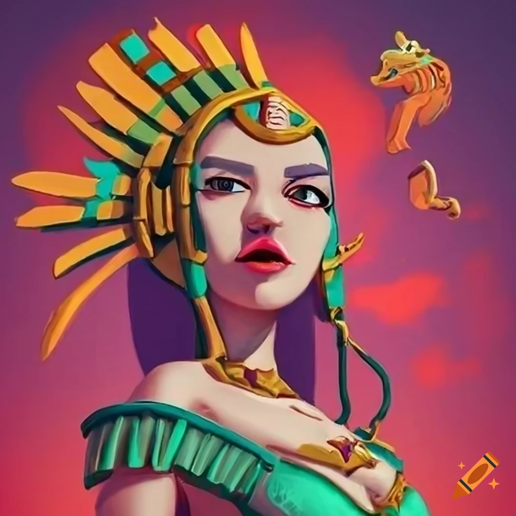 Aztec Shark Priestess with digital inking inspired by Impressionist and Disney styles
