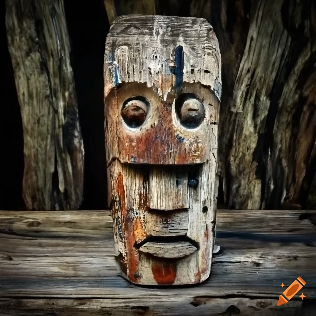 Weathered and broken wooden rustic idol painted in Jackson Pollock's style