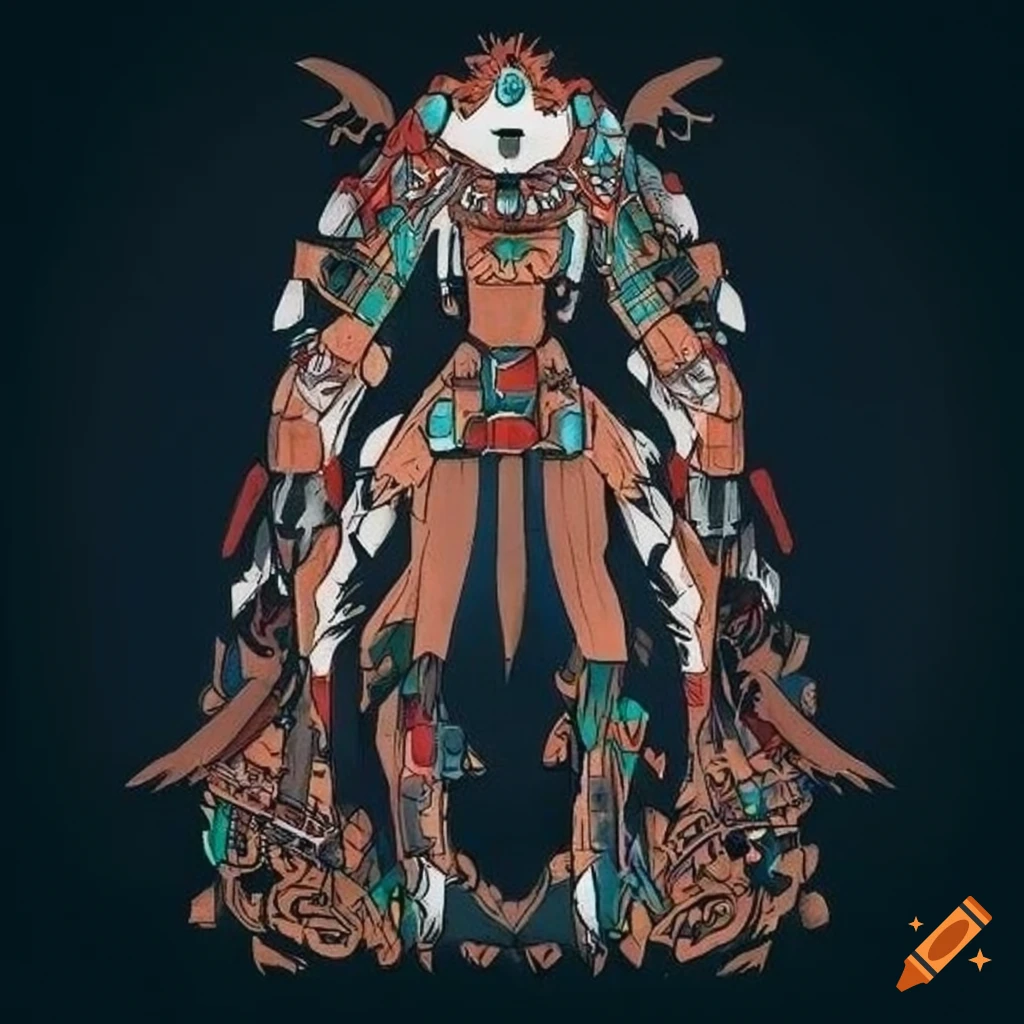 Minimalism Aztec Shark Priestess Mecha inspired by Ukiyo-e