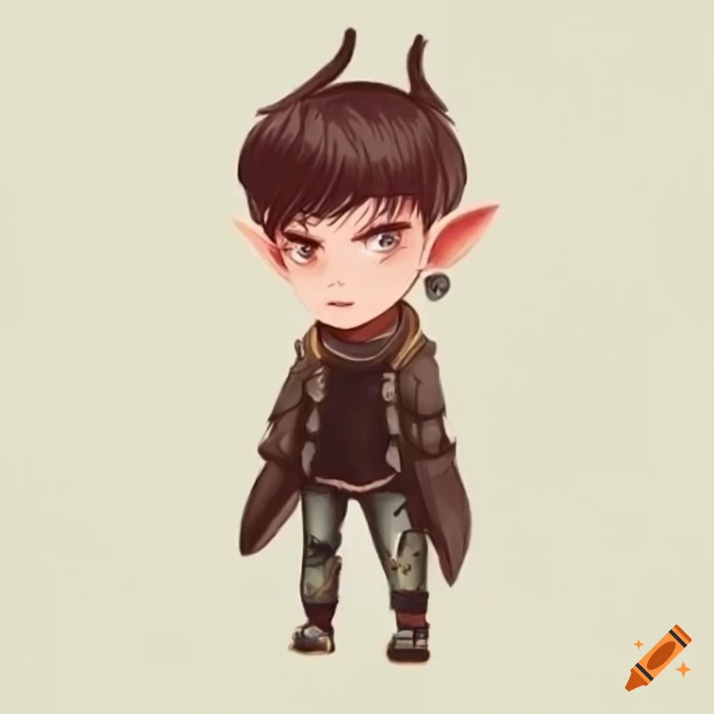 Full body male character with horns and elf ears in a grunge skater outfit