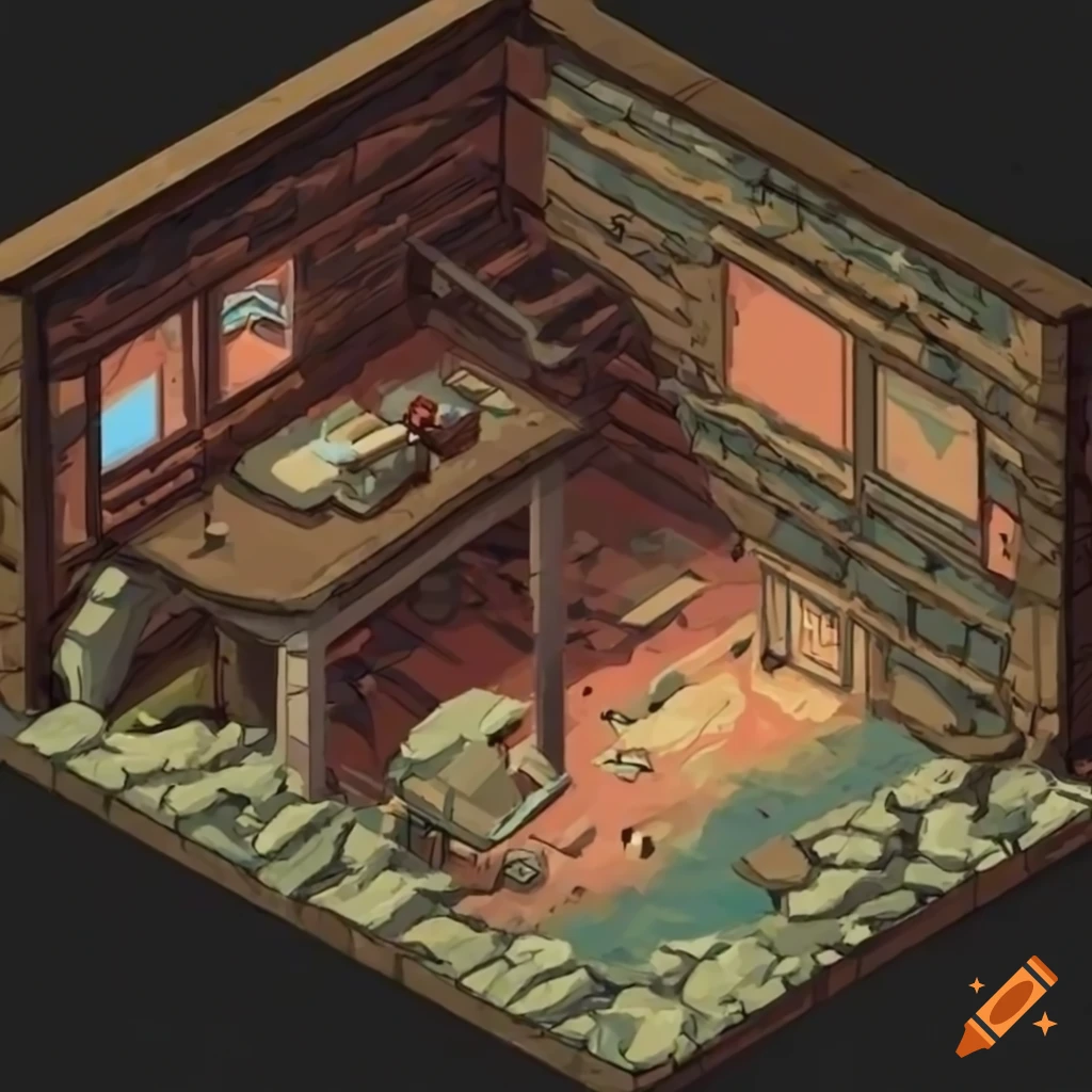 Isometric view of a run down hunting cabin inspired by Disco Elysium