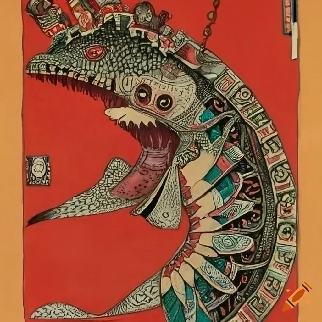 Neobrutalist Aztec Shark Siren inspired by Ukiyo-e