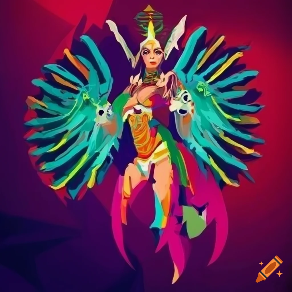 Aztec Valkyrie in vibrant card game neobrutalism illustration