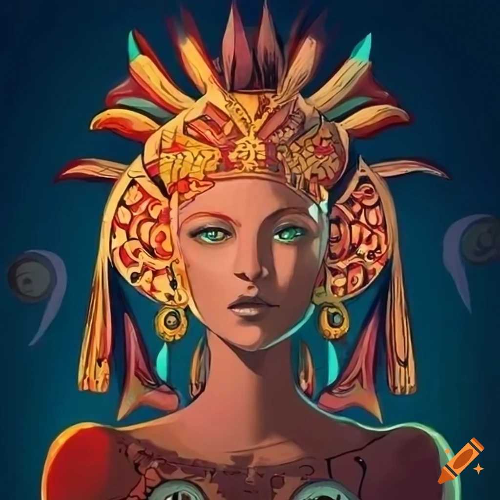 Art Deco Aztec Siren Queen inspired by Ukiyo-e and Russian Folklore