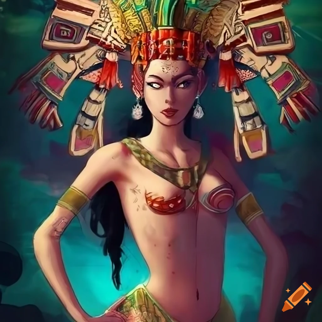 Art Deco concept art of an Aztec Siren Queen inspired by Russian Folklore and Ukiyo-e