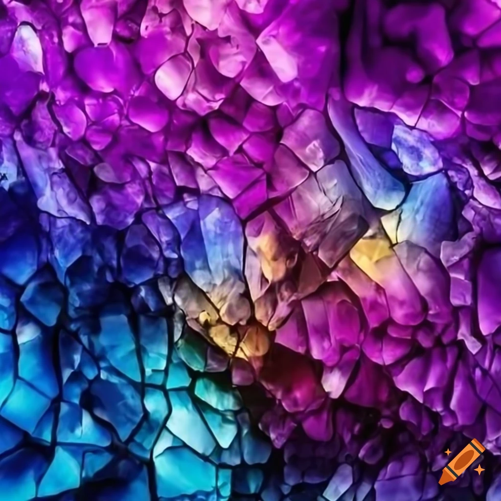 Vibrant crystal formations in purple, blue, yellow, and red hues