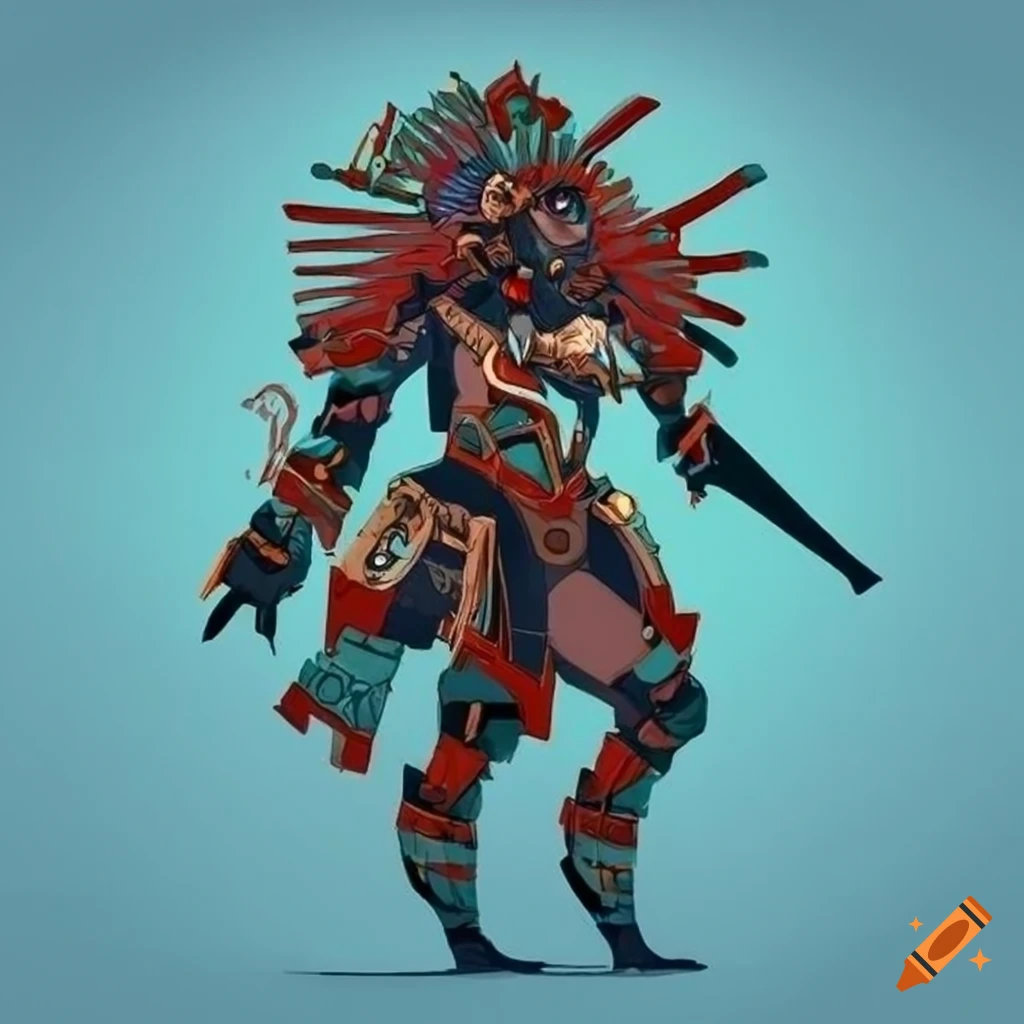 Minimalist Aztec Shark Priestess Mecha inspired by Ukiyo-e