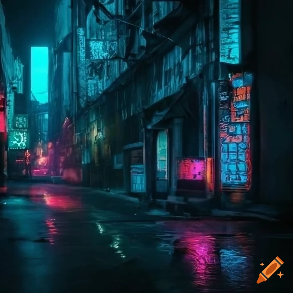Gritty urban alley with neon lights in a cyberpunk environment