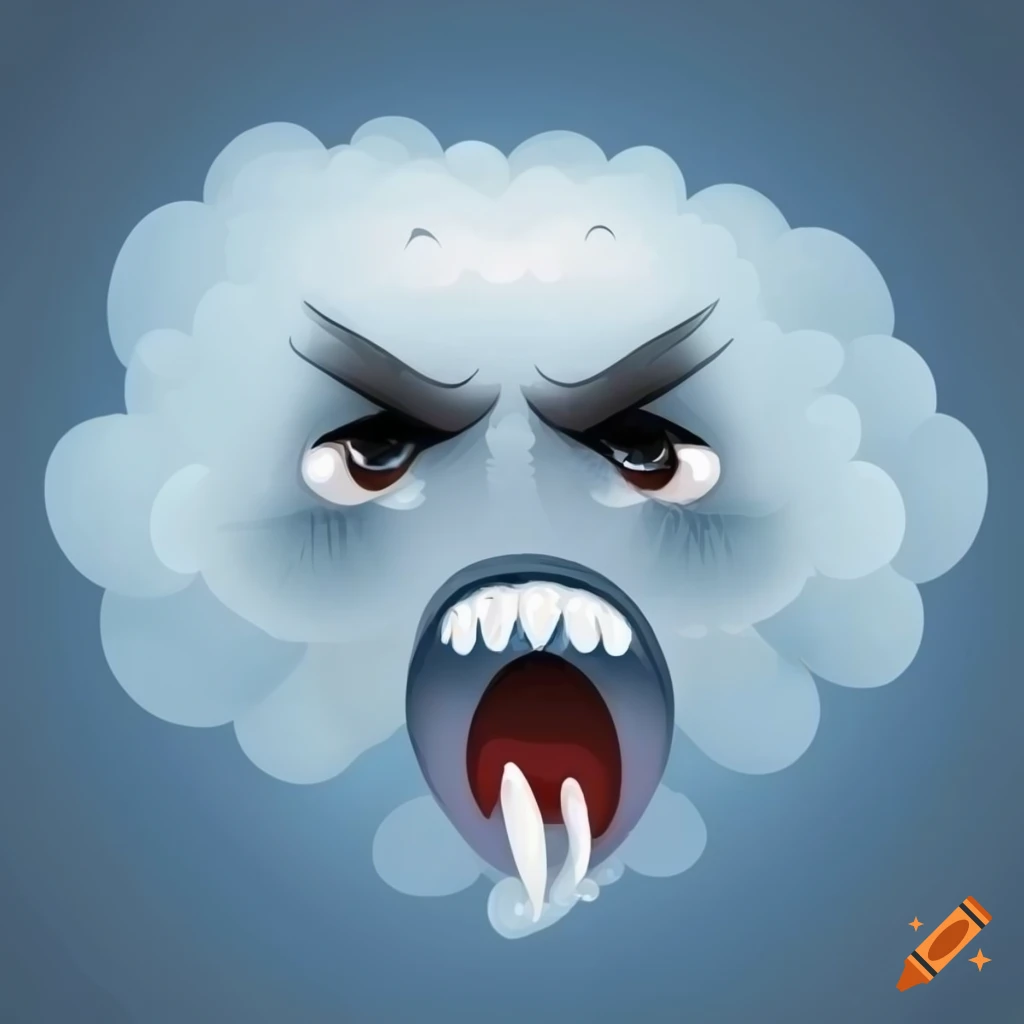 Stormy cloud with an aggressive face in children's storybook style