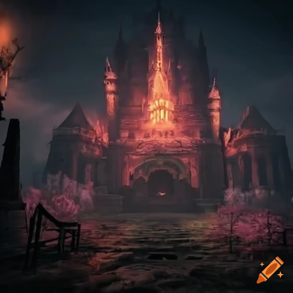 Drangleic Dark Drangleic castle with cherry blossom trees in Dark Souls on Craiyon