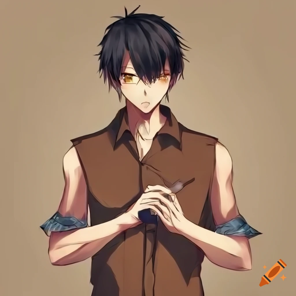 Anime boy with black hair and orange eyes in casual outfit