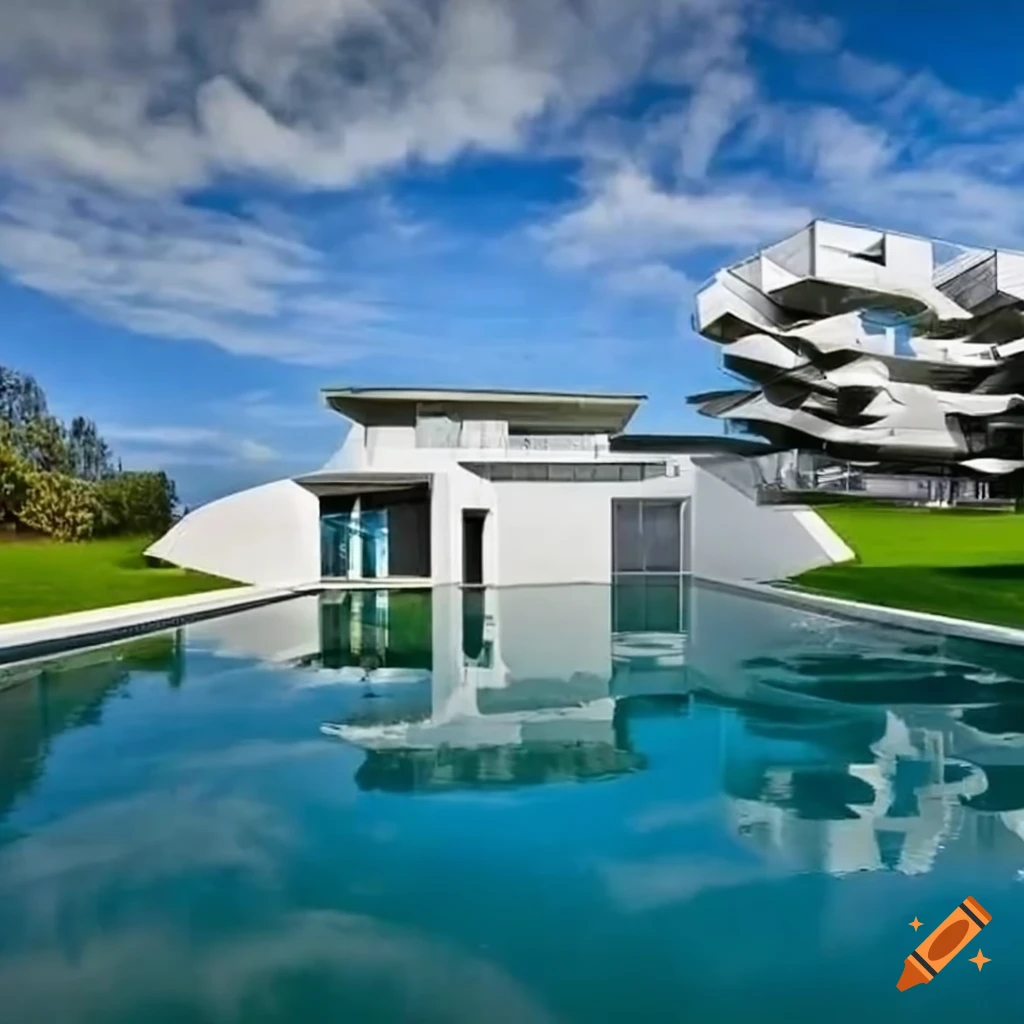 Tall futuristic house with a swimming pool on water
