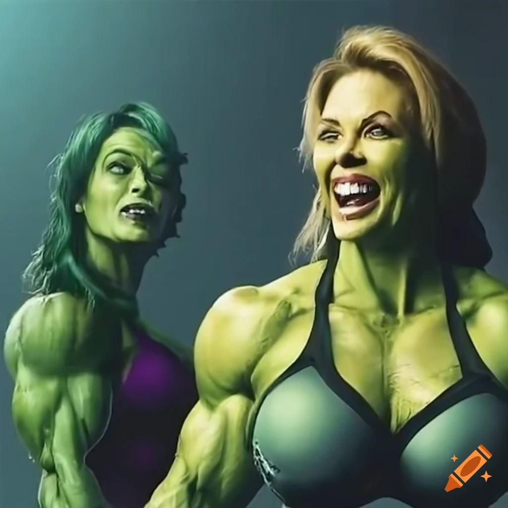 Blonde Kelly Cass and Brunette Jen Carfagno transforming into She-Hulk bodybuilders
