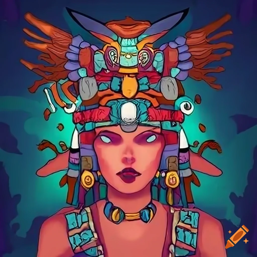 Stylized Aztec Shark Priestess with Impressionist and Disney influences
