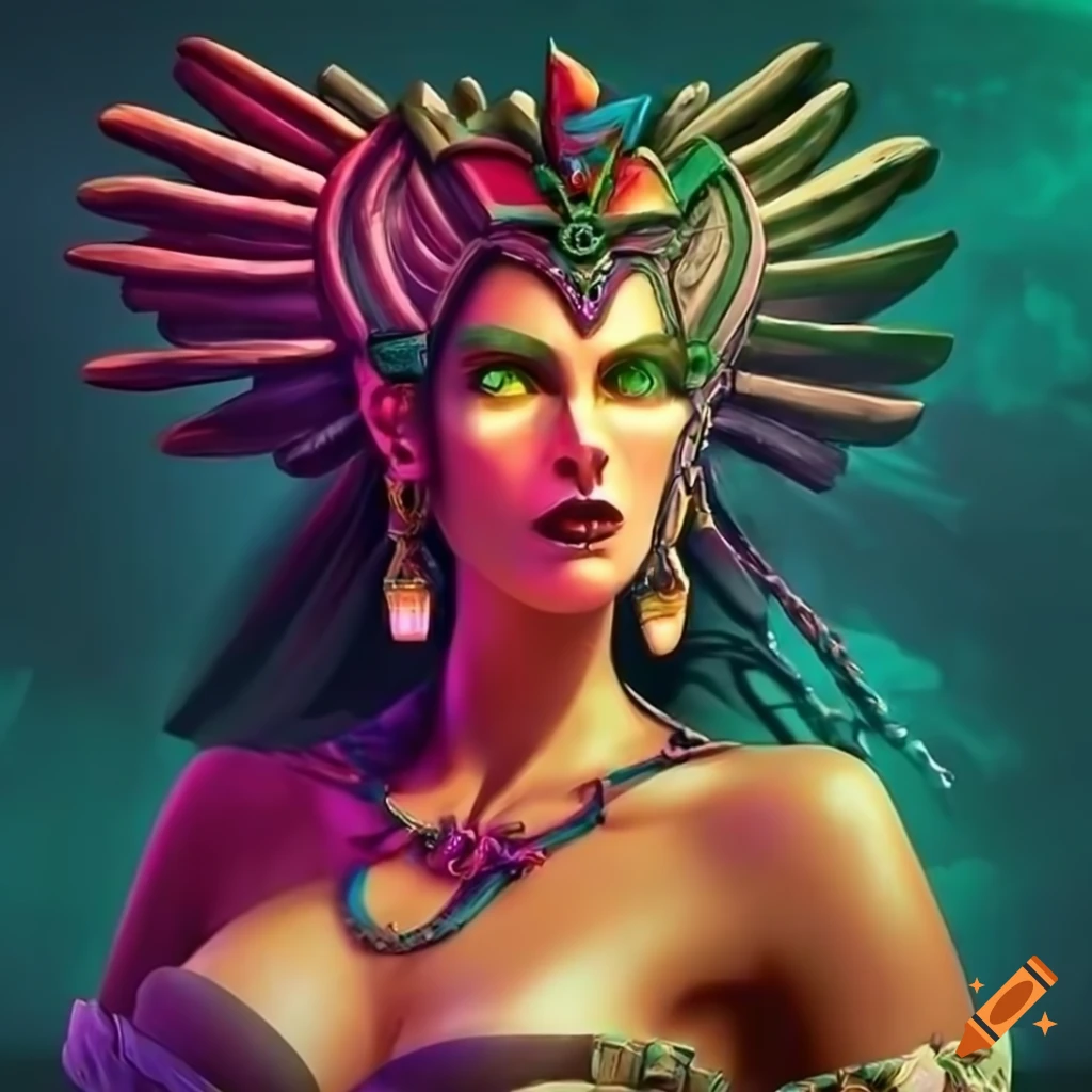 Art Deco Aztec Blood Witch Queen in Pixar style