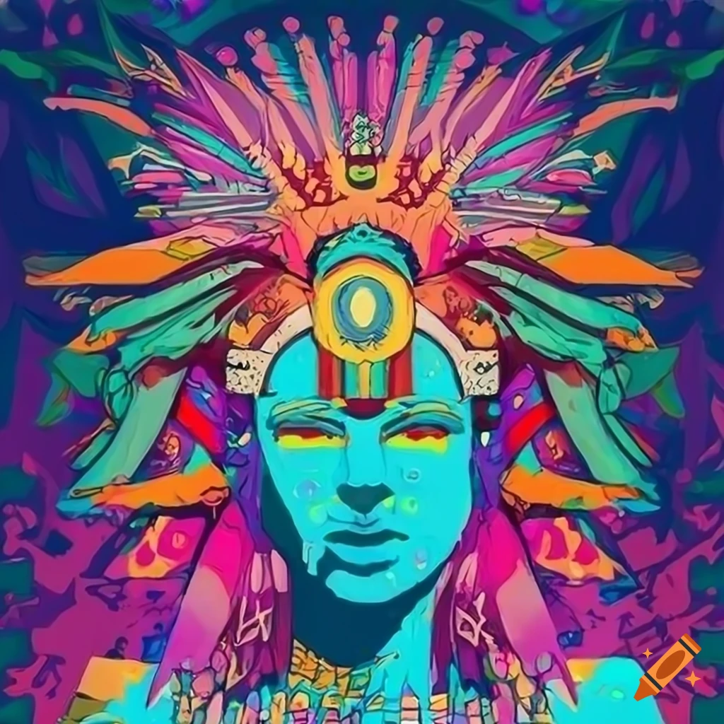 Colorful Aztec Valkyrie in a vibrant card game design with neobrutalism style