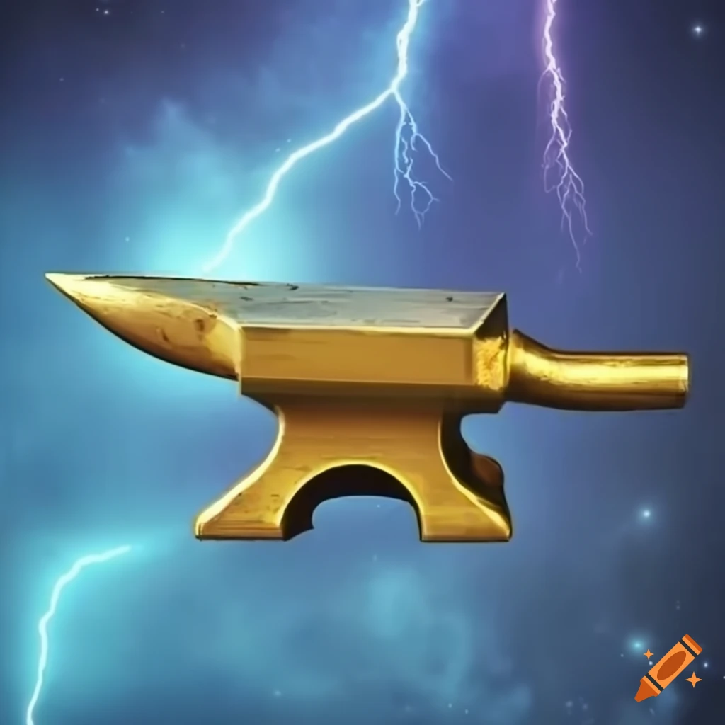 Metallic gold anvil with blue lightning in space at night