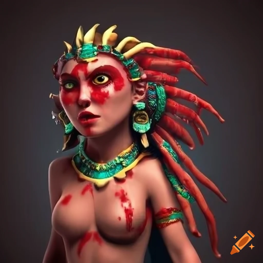 Ink render of an Aztec blood goddess with Pixar styling