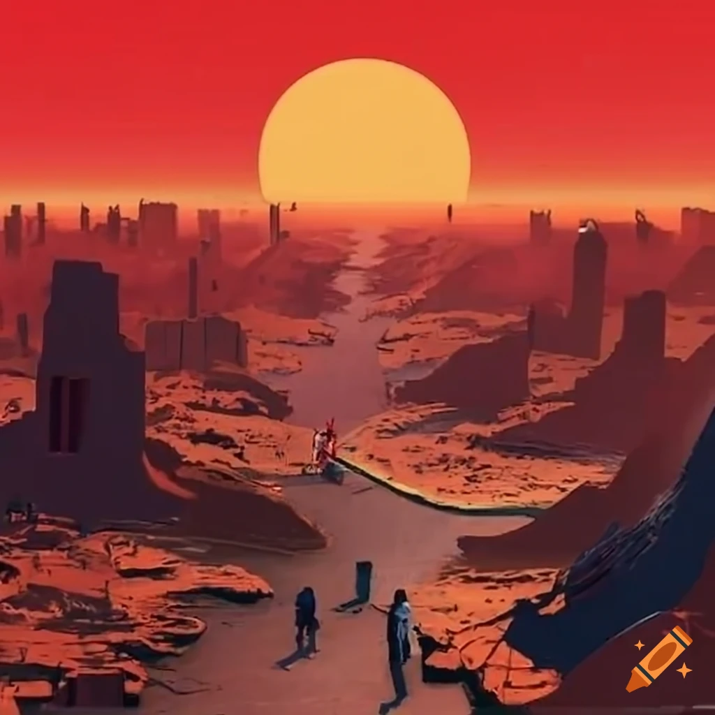 Valley with people in a polluted city under a red sky with bricks covering the ground