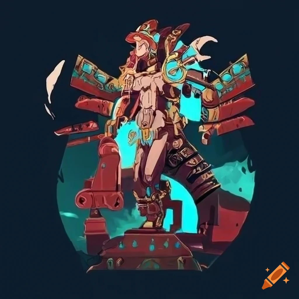 Minimalist Aztec shark priestess mecha inspired by Ukiyo-e