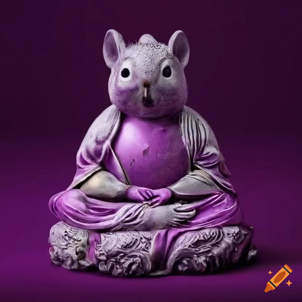 Sacred squirrel on a purple pillow surrounded by Buddha statues