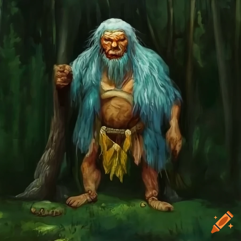 Elderly neanderthal shaman with white beard in magical forest clearing, oil painting