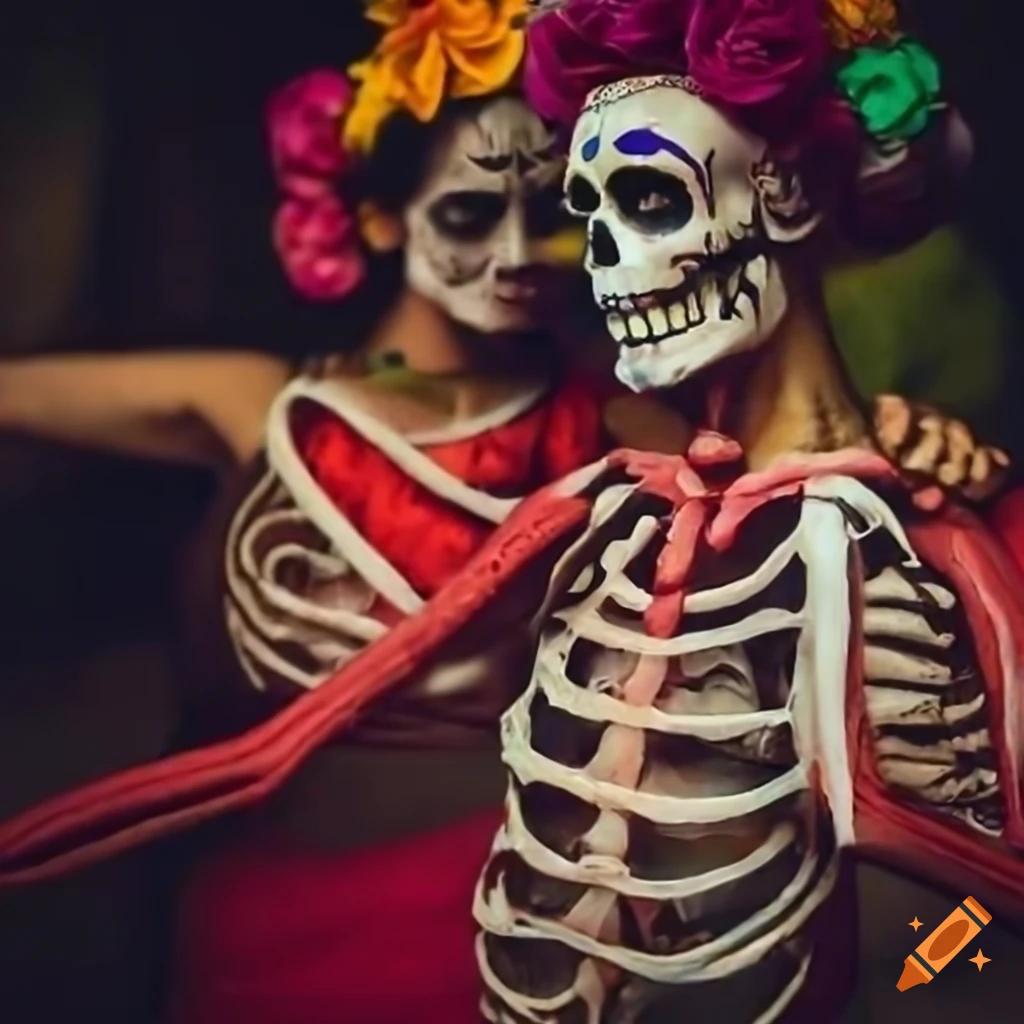 Day of the Dead skeletons dancing in the style of Frida Kahlo
