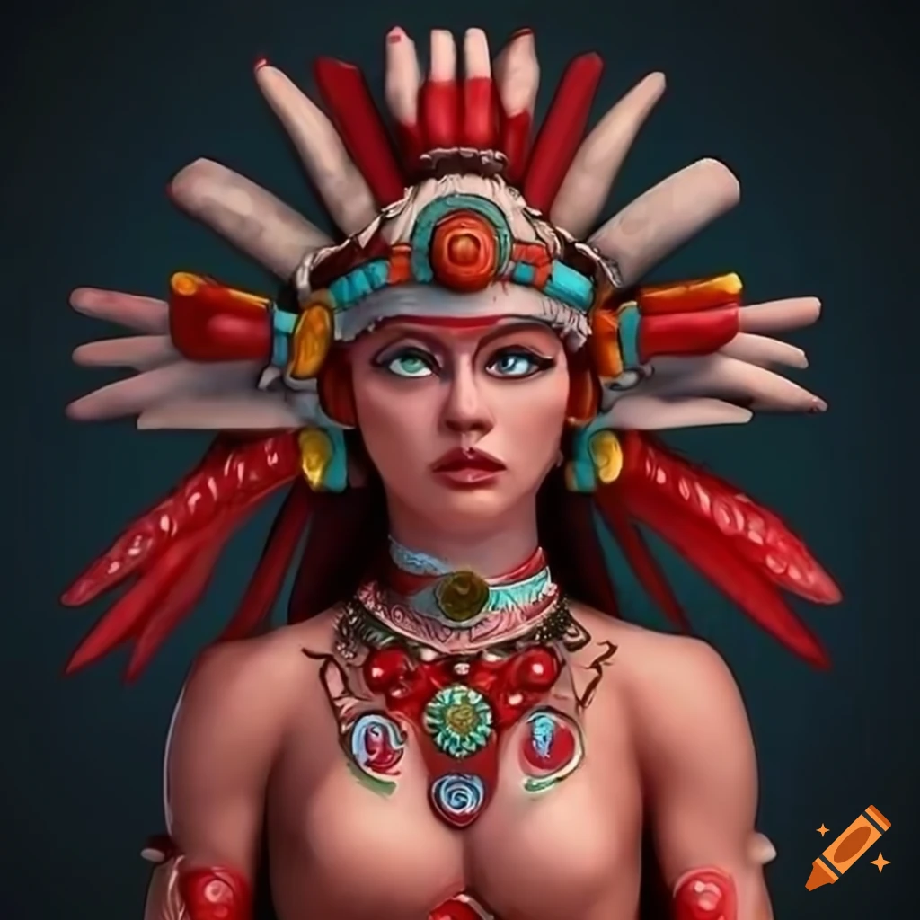 Ink render of an Aztec blood goddess with Pixar styling