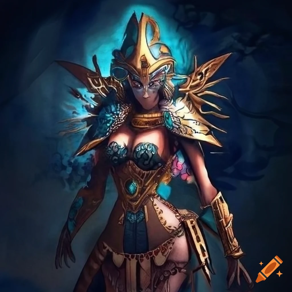 Neobrutalist Aztec Shark Priestess Armor inspired by Ukiyo-e