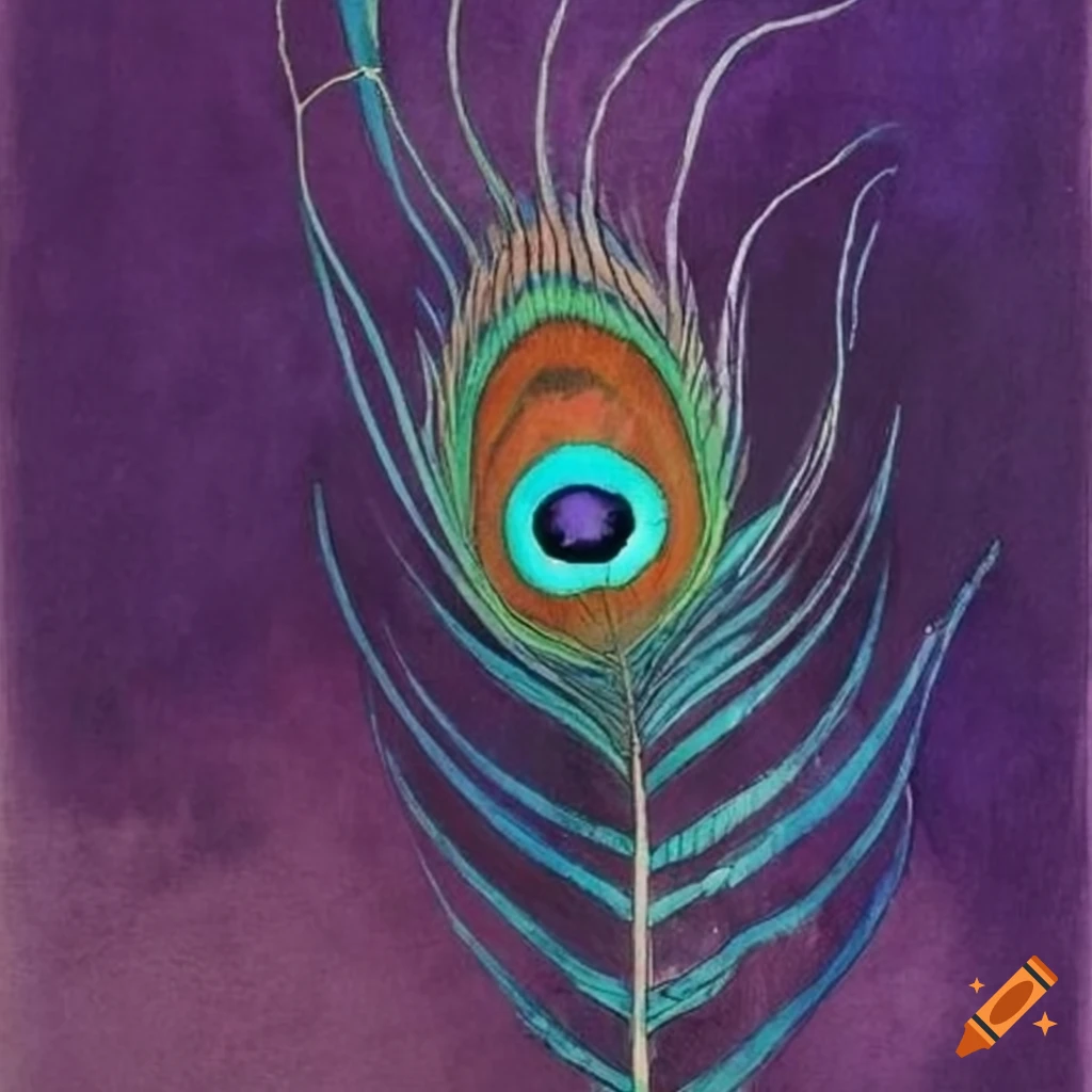 Ethereal peacock feather design on purple watercolor paper