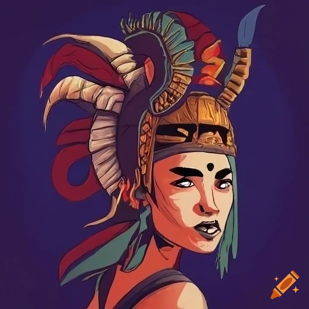 Stylized Aztec gladiator witch with a mix of impressionist and Disney influences