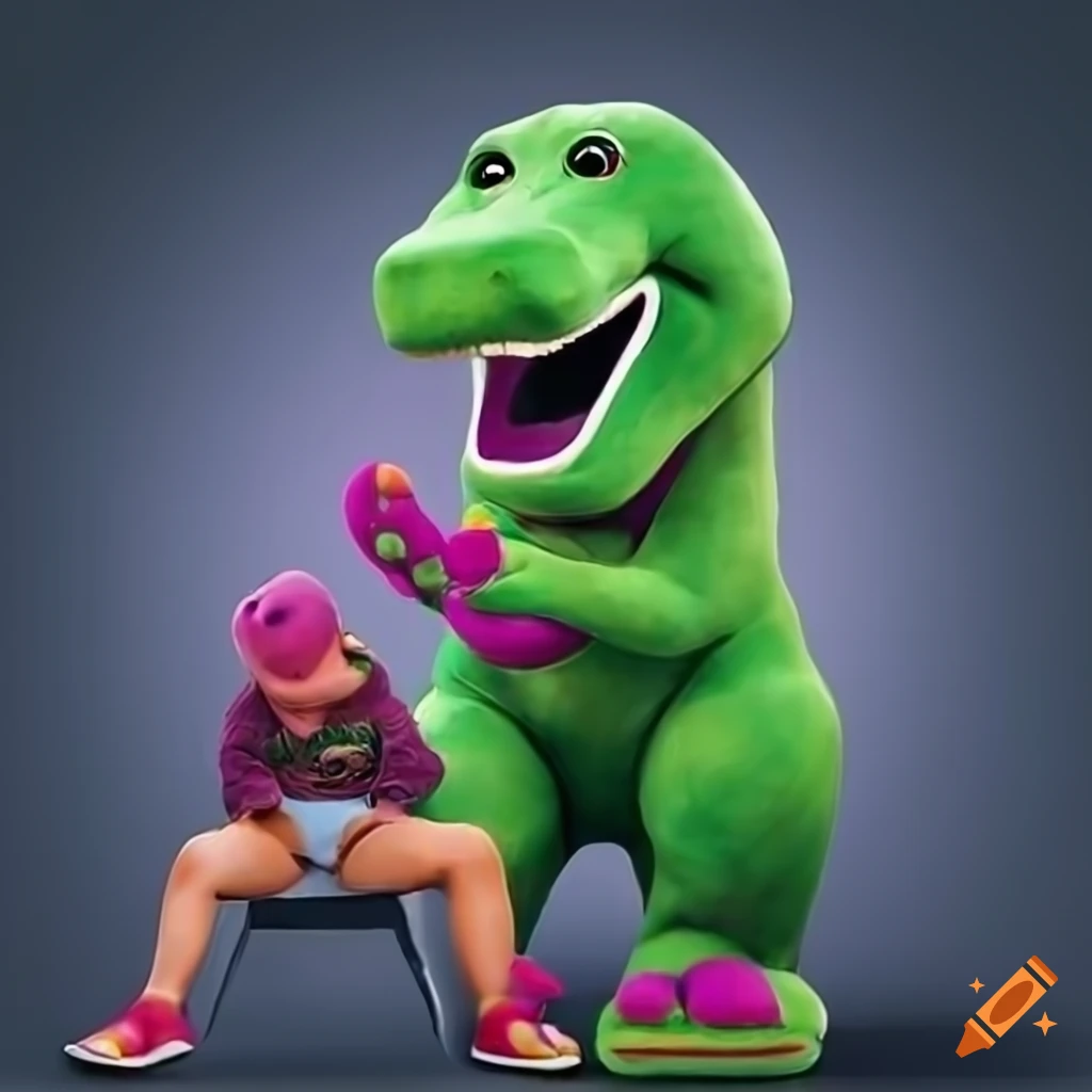 Barney the Dinosaur sitting with a child in a photo-realistic style