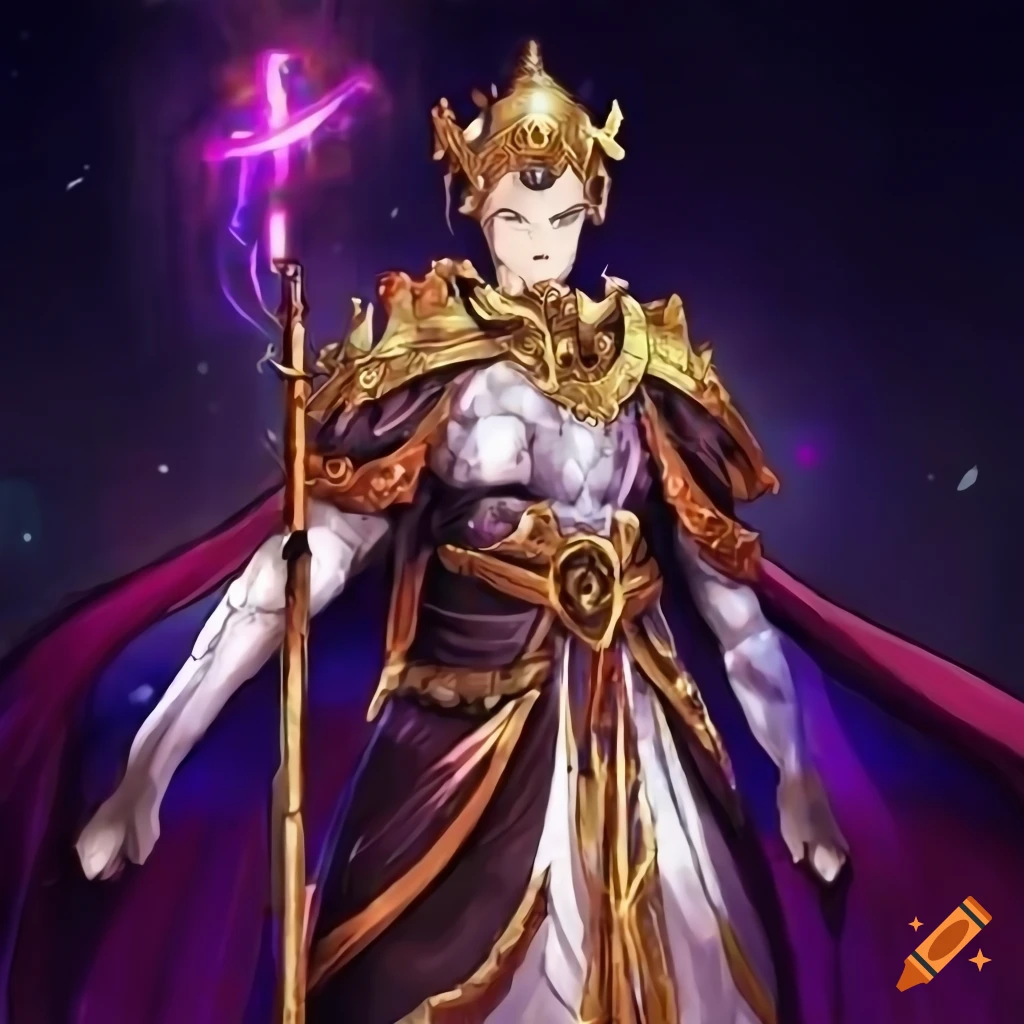 Anime man with crimson-brown hair in a saintly god of war theme with cathedral and sacred temple elements