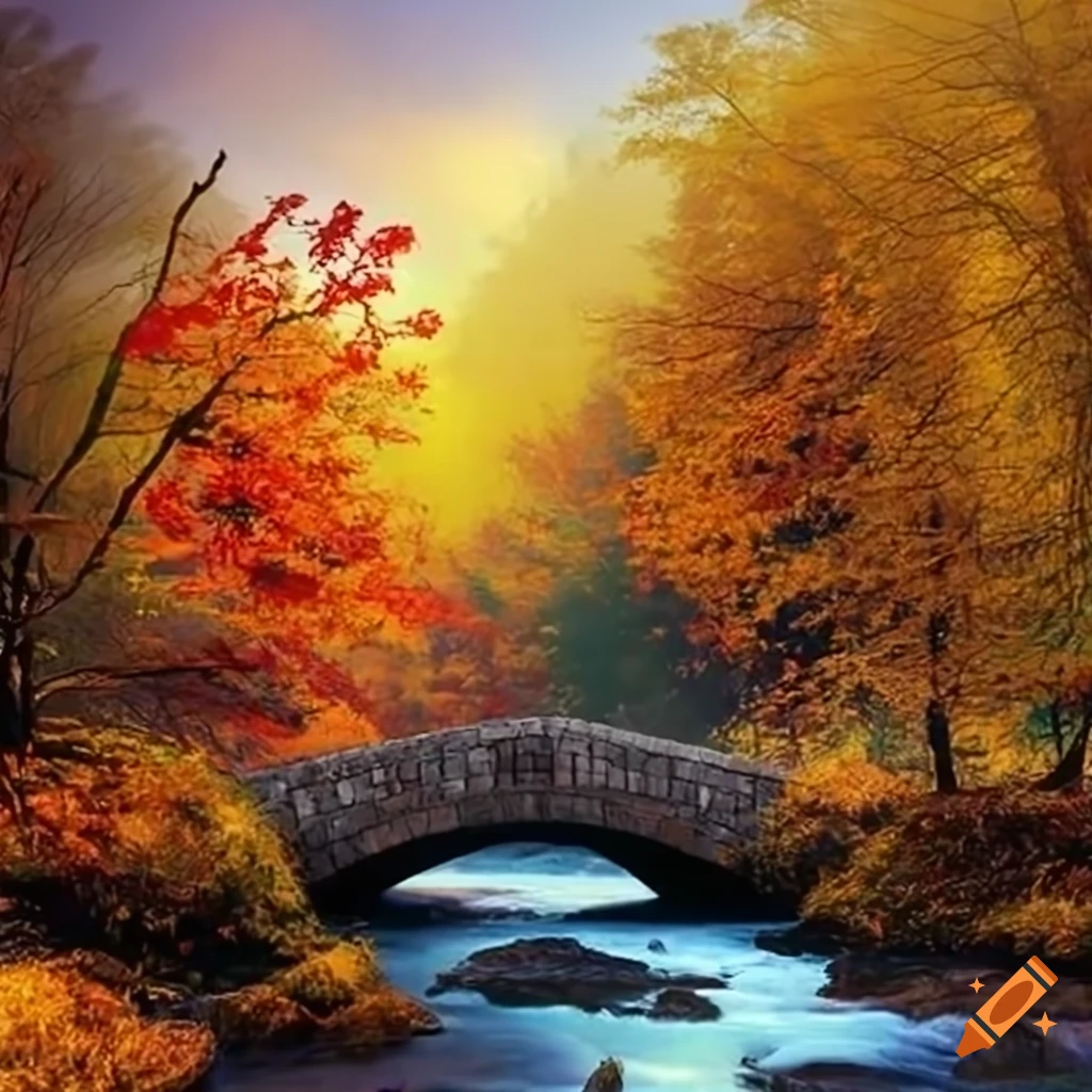 Serene autumn landscape in a quaint village with a cobblestone bridge ...