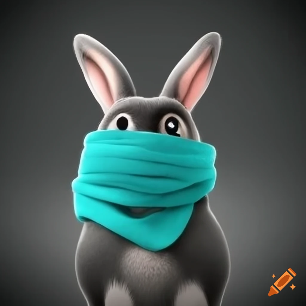 Cute bunny with black hair and turquoise scarf in a cartoon style