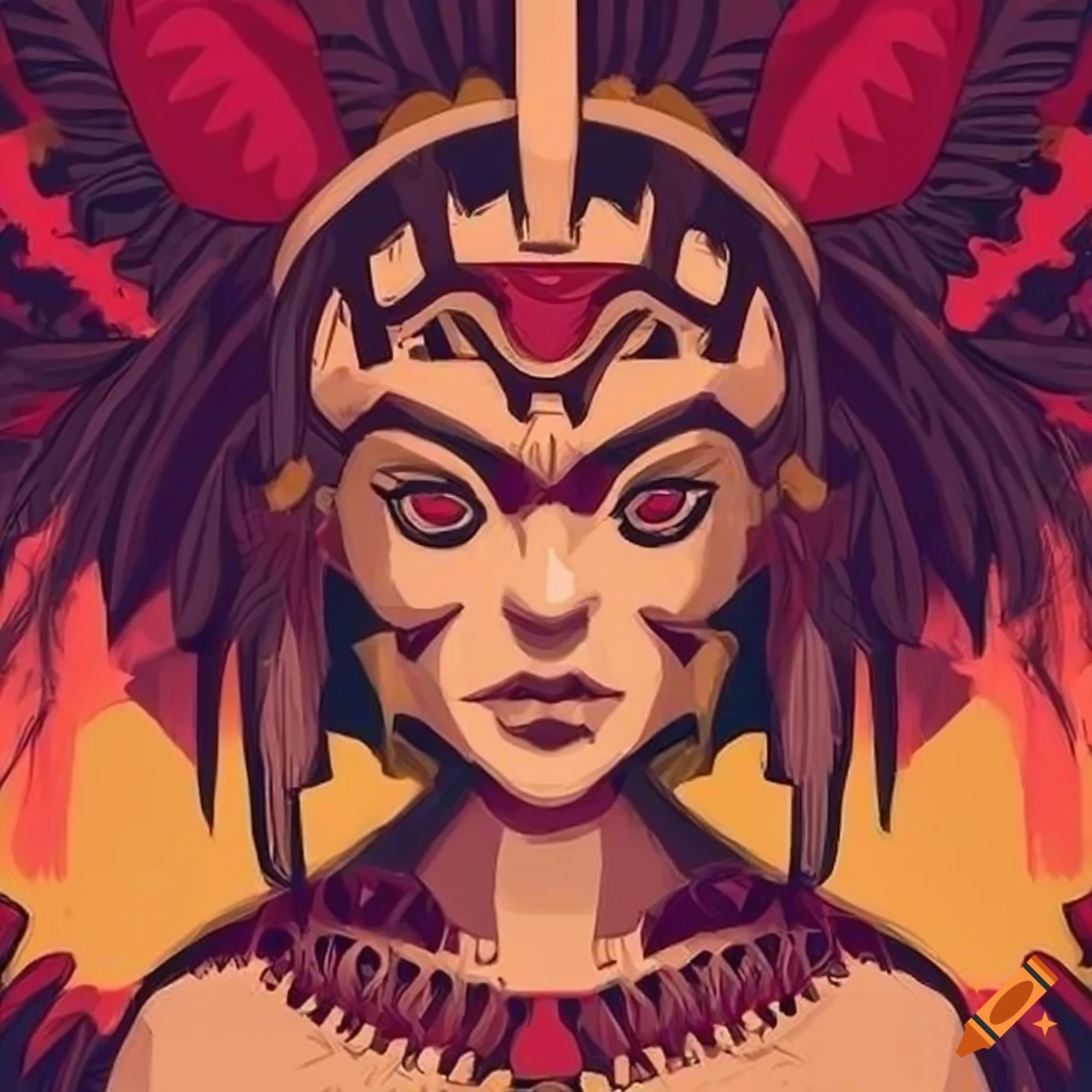 Stylized Aztec gladiator witch with a mix of impressionist and Disney influences