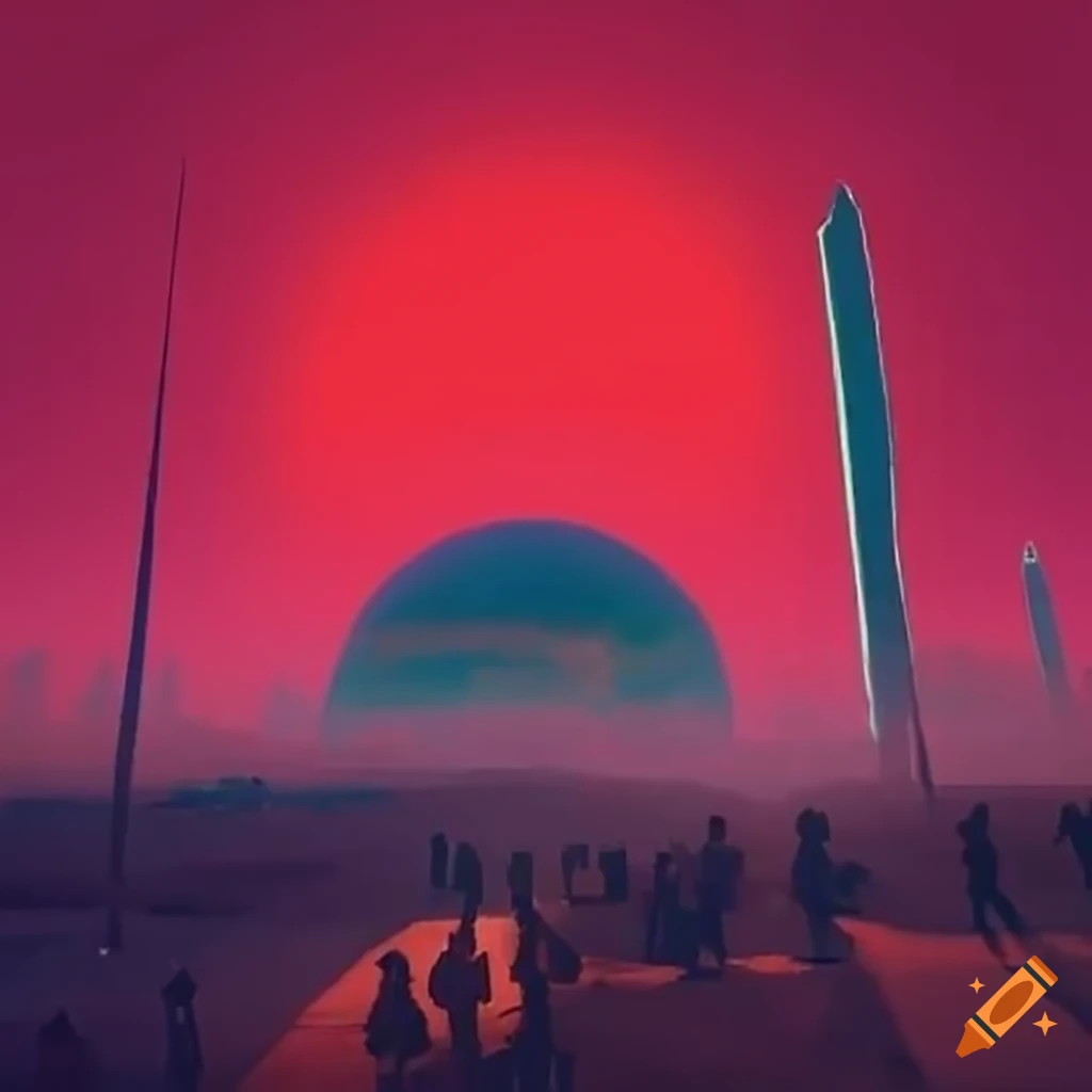 Valley with people in polluted city under red sky with nuclear fallout