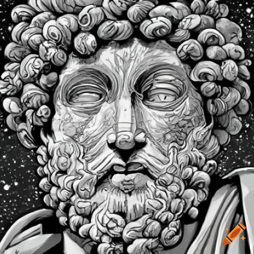 Marcus Aurelius in space in a black and white drawing