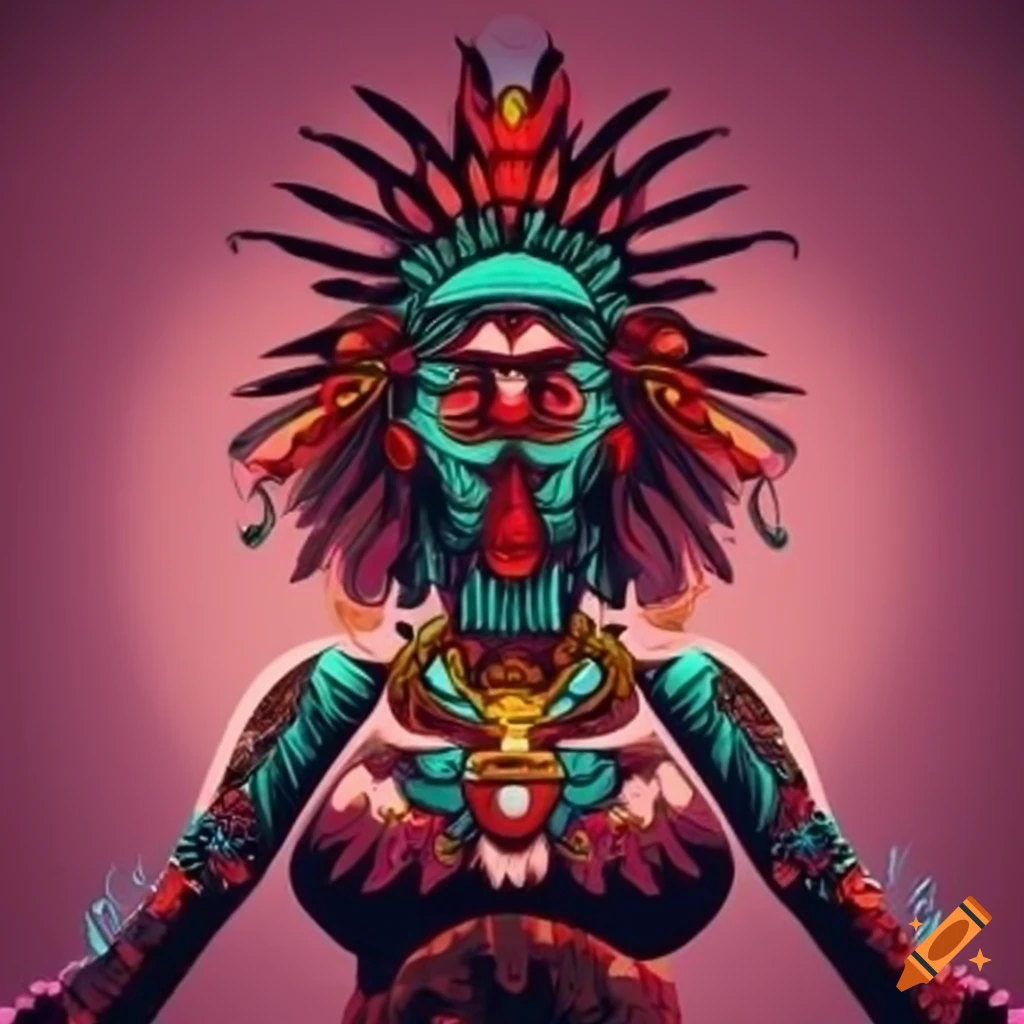 Ink render of an Aztec blood goddess with Pixar styling