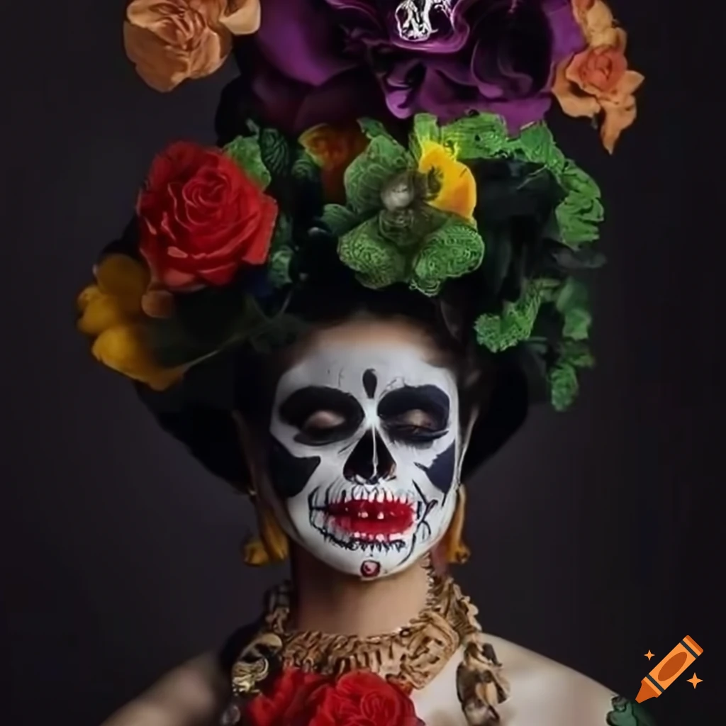 Day of the dead skeletons dancing in Frida Kahlo style