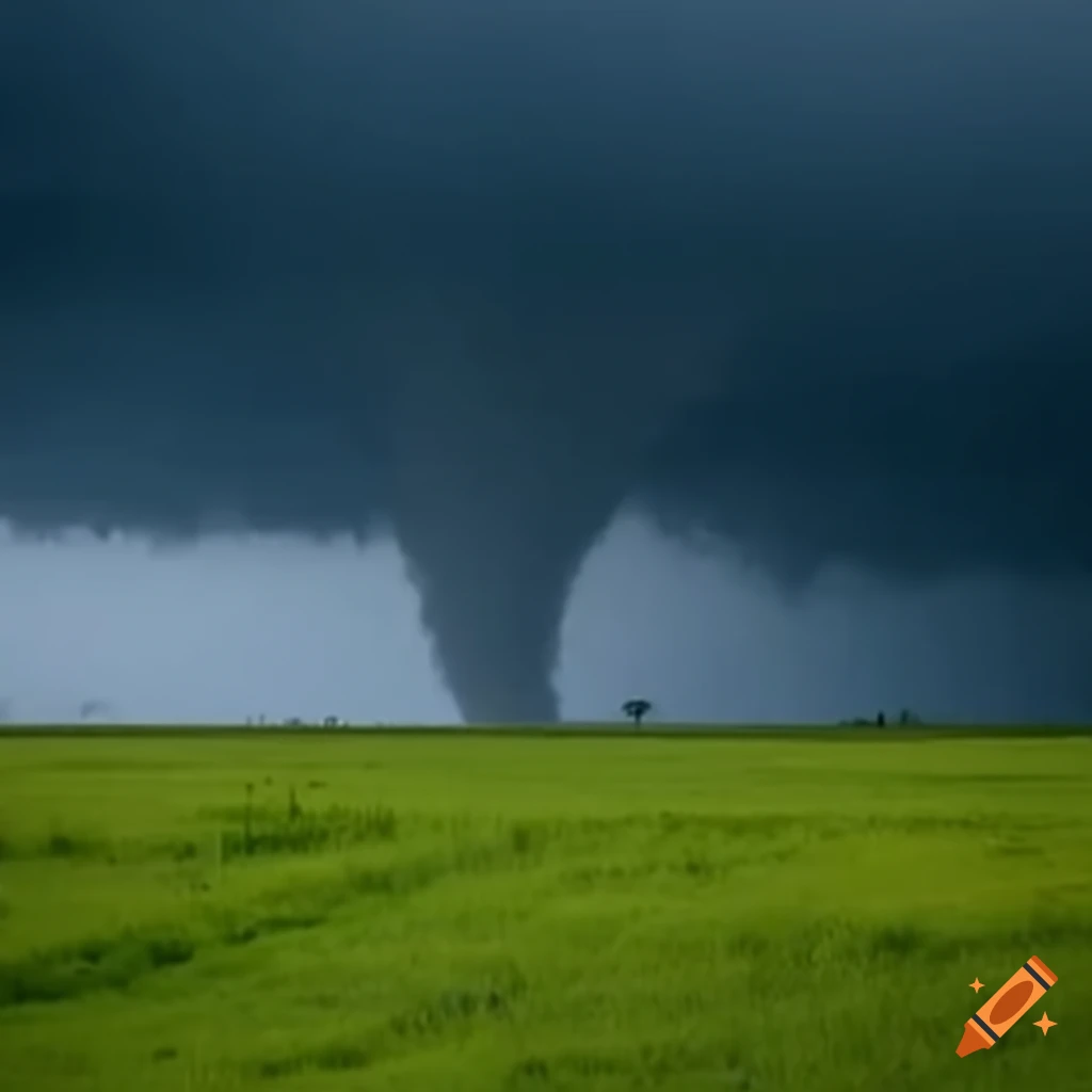 Thin tornado in a field during harsh weather