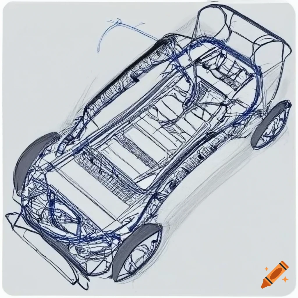 Blueprint sketch of a compact monocoque chassis for a smart fortwo car