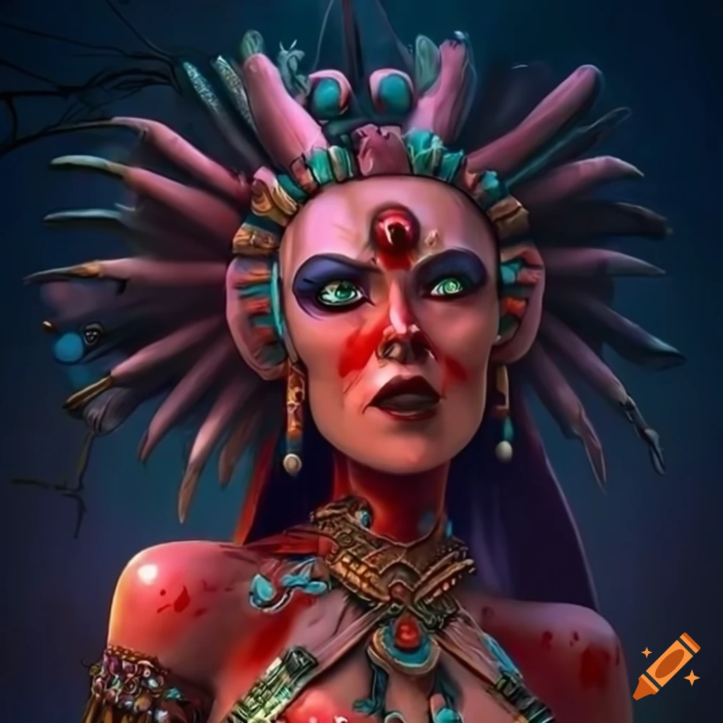 Aztec Blood Witch Queen in ink render with Pixar styling