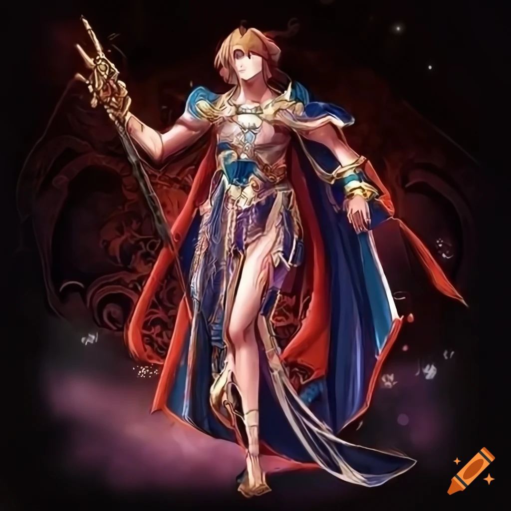 Anime character with crimson-brown hair in a cathedral-inspired armor with a cross necklace